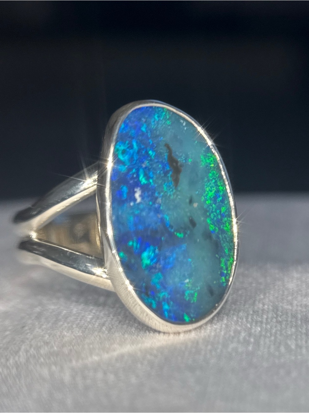 Sterling Silver Blue-Green Opal Oval Ring